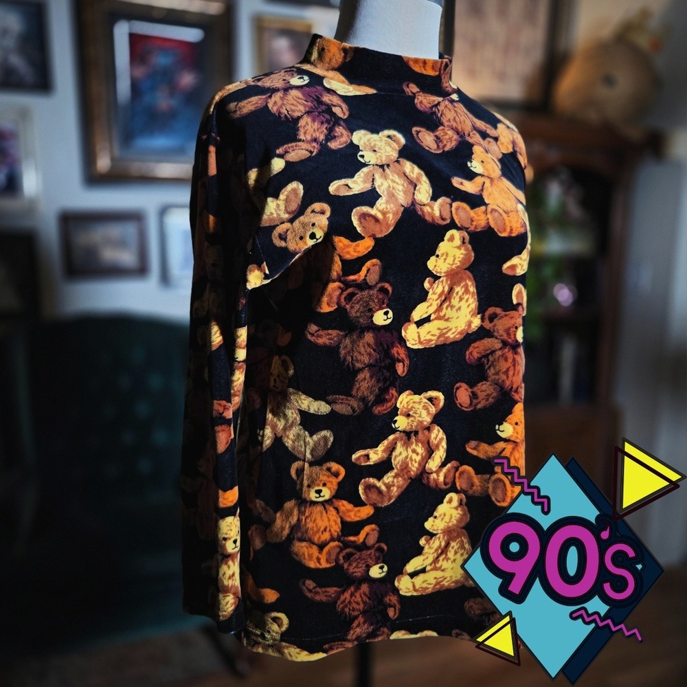 Vintage 90s Morning After Teddy Bear Print‎ Long Sleeve Mock Neck Top
